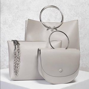 New Grey metal ring leather bags, ALL 3 Pieces